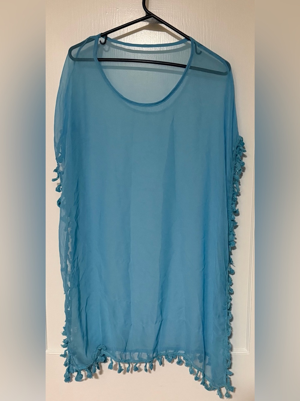 Sheer Turquoise Blue Cover-Up with Tassel Trim